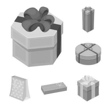 Hediye ve set koleksiyonu tasarım için tek renkli simgeler ambalaj. Renkli ambalaj sembol stok web illüstrasyon vektör.