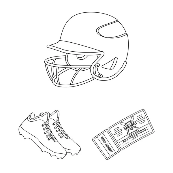 Baseball och attribut beskriva ikoner i set samling för design. Basebollspelare och utrustning vektor symbol lager web illustration. — Stock vektor