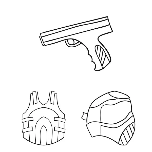 Paintball, iconos del esquema del juego de equipo en la colección de conjuntos para el diseño. Equipo y equipo vector símbolo stock web ilustración . — Vector de stock