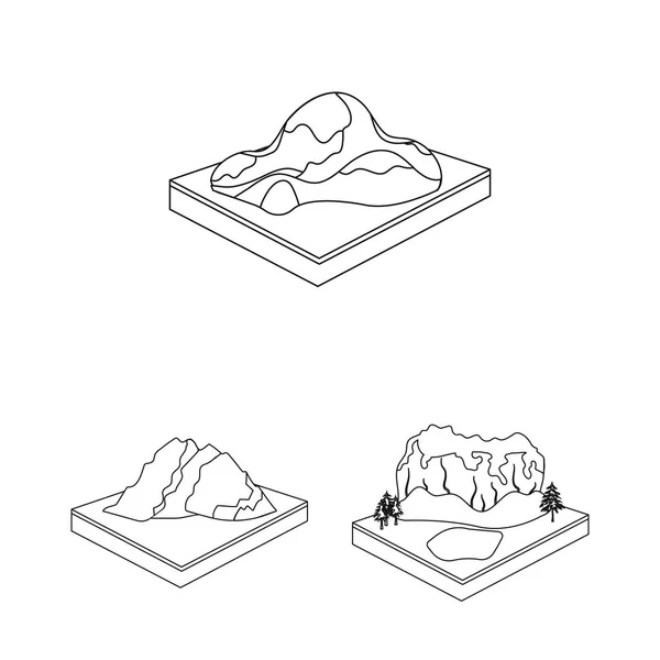 Montañas, iconos de contorno masivo en la colección de conjuntos para el diseño. La superficie de la tierra vector isométrico símbolo stock web ilustración . — Vector de stock