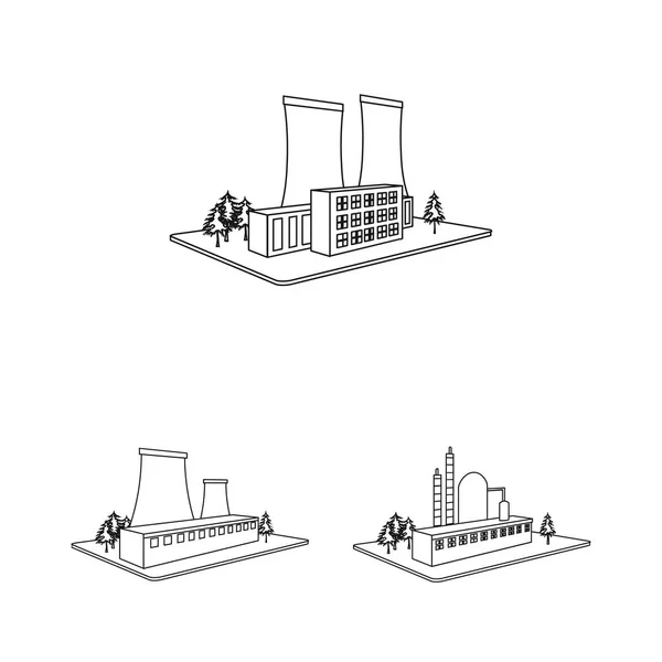 Icônes de contour d'usine et d'usine dans la collection de jeu pour le design. Illustration Web de stock de symbole isométrique de vecteur de production et d'entreprise . — Image vectorielle