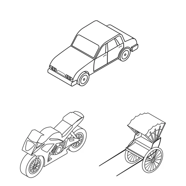 Diferentes tipos de iconos de esquema de transporte en la colección de conjuntos para el diseño. Coche y barco vector isométrico símbolo stock web ilustración . — Vector de stock