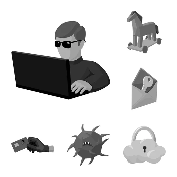 Hacker and hacking monochrome icons in set collection for design. Hacker and equipment vector symbol stock web illustration. — Stock Vector