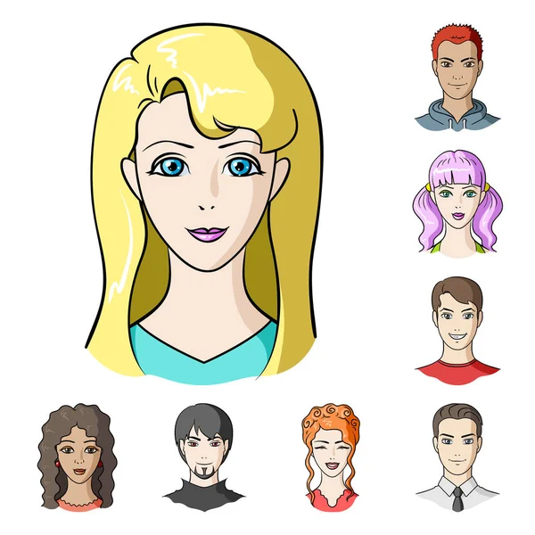 Ícones de desenhos animados Avatar e face na coleção de conjuntos para design. A aparência de uma pessoa símbolo vetorial web ilustração . —  Vetores de Stock