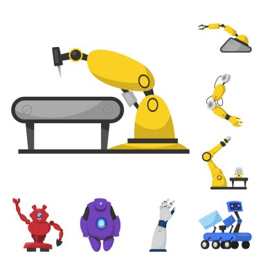 Robot ve fabrika işareti yalıtılmış nesne. Hisse senedi için robot ve uzay vektör simge kümesi.