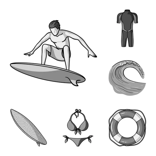 Surfen en extreme zwart-wit pictogrammen in set collectie voor design. Surfer en accessoires vector symbool voorraad web illustratie. — Stockvector