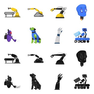 Robot ve fabrika logosu yalıtılmış nesne. Hisse senedi için robot ve uzay vektör simge kümesi.