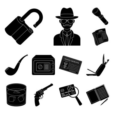 Set koleksiyonu tasarım için simgeler siyah dedektif ve öznitelikleri. Dedektif ajansı vektör simge stok web çizim.