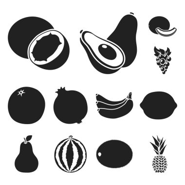 Farklı meyve set koleksiyonu tasarım için simgeler siyah. Meyve ve vitaminler sembol stok web illüstrasyon vektör.