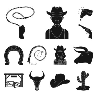Rodeo, rekabet siyah set koleksiyonu tasarım için simgeler. Kovboy ve ekipman sembol stok web illüstrasyon vektör.