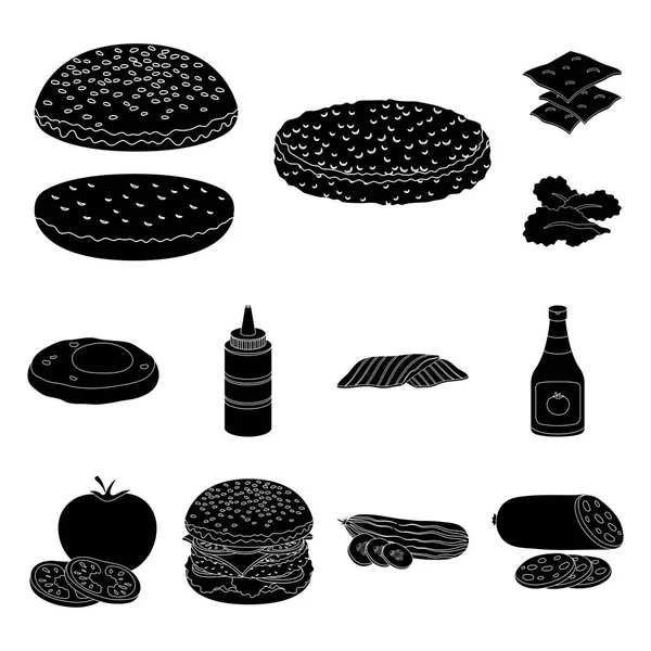 ハンバーガーや食材は黒デザインのセットのコレクションのアイコンです。ベクトル シンボル ストック web イラストをクッキング ハンバーガー. — ストックベクタ