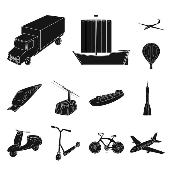 Différents types d'icônes noires de transport dans la collection de jeu pour le design. Voiture et bateau vectoriel symbole stock web illustration . — Image vectorielle