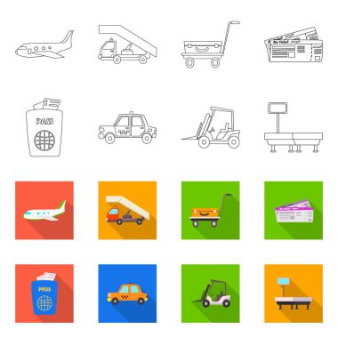 Havaalanı ve uçak işareti vektör tasarımı. Web için Havaalanı ve uçak hisse senedi simgesi kümesi.