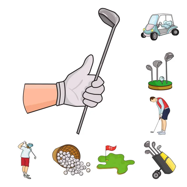 Golf és attribútumok rajzfilm ikonok beállítása gyűjtemény a design. Golf Club és a berendezések vektor szimbólum állomány honlap illusztráció. — Stock Vector