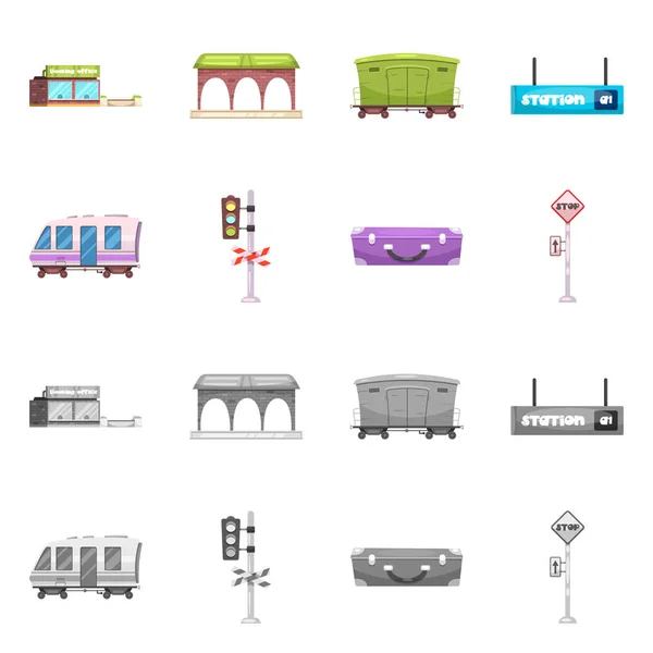 Geïsoleerde object van trein en station pictogram. Set van trein en ticket aandelensymbool voor web. — Stockvector