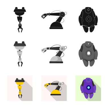 Robot ve fabrika işareti vektör tasarımı. Robot ve uzay hisse senedi vektör çizim seti.