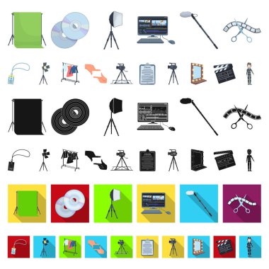 Bir film karikatür simgeleri set koleksiyonu tasarım için yapma. Öznitelikleri ve ekipman sembol stok illüstrasyon vektör.