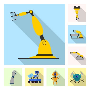 Robot ve fabrika sembolü yalıtılmış nesne. Hisse senedi için robot ve uzay vektör simge kümesi.