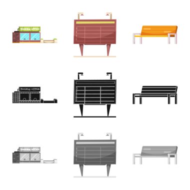 Tren ve İstasyonu simgesi yalıtılmış nesne. Hisse senedi için tren ve bilet vektör simge topluluğu.