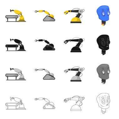 Robot ve fabrika simgesi yalıtılmış nesne. Robot ve uzay hisse senedi simgesi için web topluluğu.