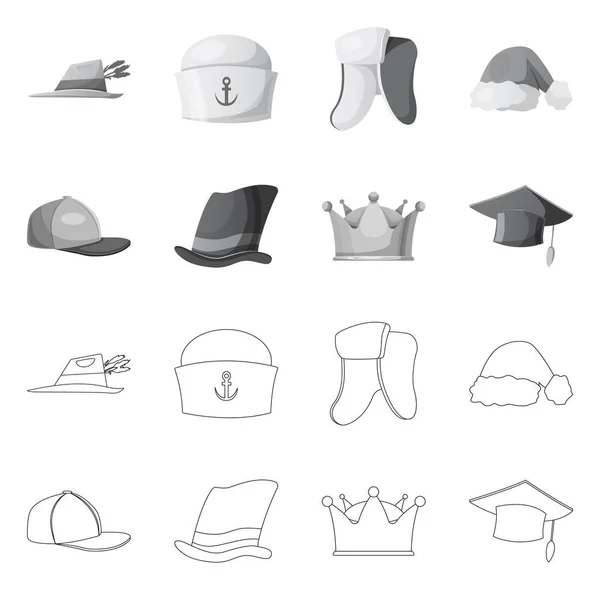 Izolovaný objekt ikony pokrývky hlavy a čepici. Sada příslušenství Vektorové ikonu pro populaci a pokrývky hlavy. — Stockový vektor