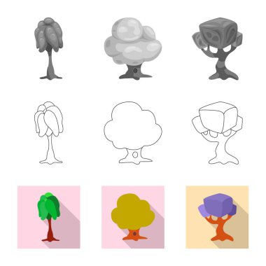 Ağaç ve doğa simgesi yalıtılmış nesne. Ağaç ve taç hisse senedi vektör çizim topluluğu.