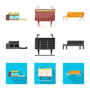 Tren ve istasyonu işareti yalıtılmış nesne. Hisse senedi için tren ve bilet vektör simge topluluğu.