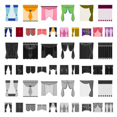 Perde çeşitleri set koleksiyonu tasarım için simgeleri karikatür. Perdeler ve Saçakların sembol stok web illüstrasyon vektör.