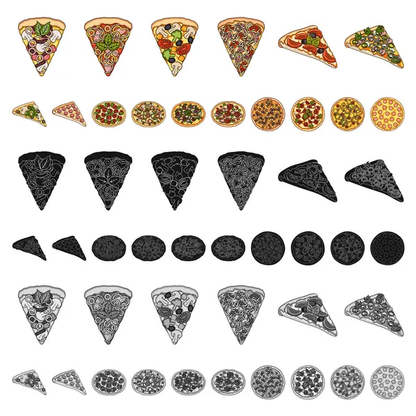 Kreskówka pizzy różnych ikon w kolekcja zestaw do projektowania. Pizza jedzenie wektorowego symbol zasobów sieci web. — Wektor stockowy