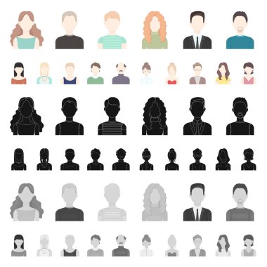 Set koleksiyonu tasarım için avatar ve yüz karikatür simgeler. Bir kişi s görünüm vektör simge stok web çizim.