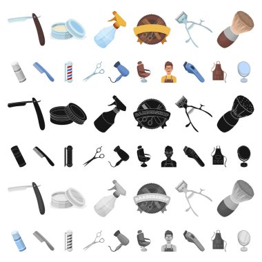 Set koleksiyonu tasarım için berber dükkanı ve ekipman karikatür simgeler. Saç kesimi ve tıraş sembol stok web illüstrasyon vektör.