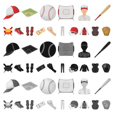 Beyzbol ve öznitelikleri set koleksiyonu tasarım için simgeleri karikatür. Sembol stok web illüstrasyon vektör beyzbol oyuncusu ve ekipman.