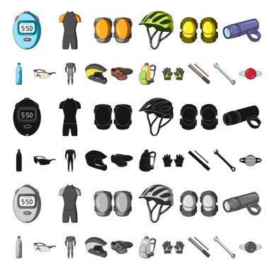 Set koleksiyonu tasarım için bisiklet kıyafeti karikatür simgeler. Bisiklet ve araç vektör simge stok web çizim.