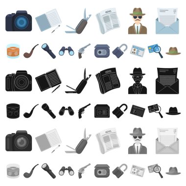 Dedektif ve öznitelikleri set koleksiyonu tasarım için simgeleri karikatür. Dedektif ajansı vektör simge stok web çizim.