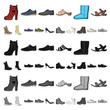 Farklı ayakkabı set koleksiyonu tasarım için simgeleri karikatür. Erkek kadın ve s s ayakkabıları sembol stok web illüstrasyon vektör.