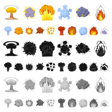 Farklı patlamalar set koleksiyonu tasarım için simgeleri karikatür. Flash ve alev vektör simge stok web çizim.