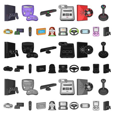 Oyun konsolu ve sanal gerçeklik karikatür simgeleri set koleksiyonu tasarım için. Oyun gadget'lar sembol stok web illüstrasyon vektör.