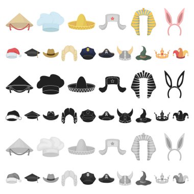 Şapka çeşitleri set koleksiyonu tasarım için simgeleri karikatür. Headdress vektör simge stok web çizimi.