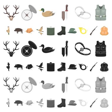 Avcılık ve kupa set koleksiyonu tasarım için simgeleri karikatür. Avcılık ve ekipman sembol stok web illüstrasyon vektör.