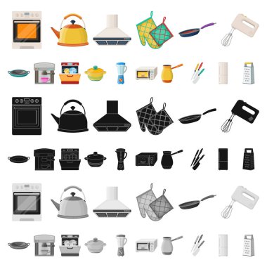 Set koleksiyonu tasarım için mutfak ekipman karikatür simgeler. Sembol stok web illüstrasyon vektör mutfak ve aksesuarları.