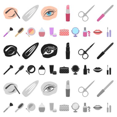 Makyaj ve kozmetik set koleksiyonu tasarım için simgeleri karikatür. Makyaj ve ekipman sembol stok web illüstrasyon vektör.