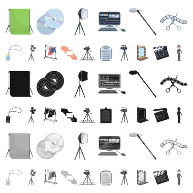 Bir film karikatür simgeleri set koleksiyonu tasarım için yapma. Öznitelikleri ve ekipman sembol stok web illüstrasyon vektör.