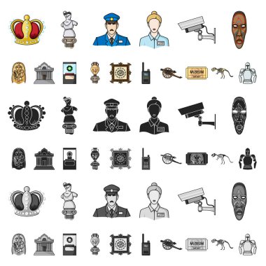 Set koleksiyonu tasarım için müze ve Galeri karikatür simgeler. Depolama ve serginin görülmeye değer parça sembol stok web illüstrasyon vektör.