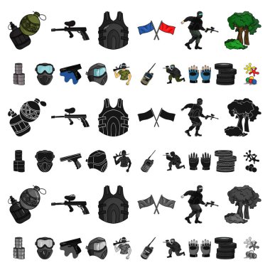 Paintball takım oyun karikatür simgeleri set koleksiyonu tasarım için. Ekipman ve kıyafet sembol stok web illüstrasyon vektör.