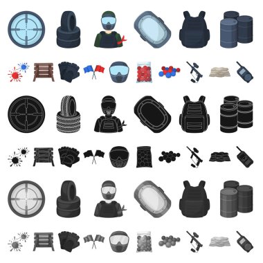 Paintball takım oyun karikatür simgeleri set koleksiyonu tasarım için. Ekipman ve kıyafet sembol stok web illüstrasyon vektör.