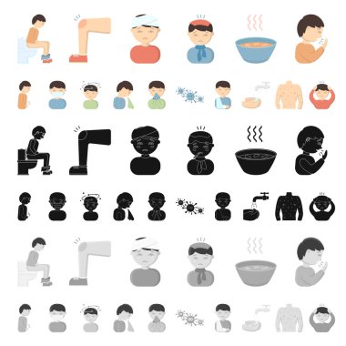 Set koleksiyonu tasarım için hasta adam karikatür simgeler. Hastalık ve tedavi sembol stok web illüstrasyon vektör.