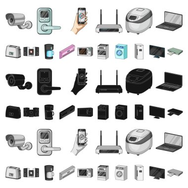 Akıllı ev aletleri set koleksiyonu tasarım için simgeleri karikatür. Modern ev aletleri sembol stok web illüstrasyon vektör.