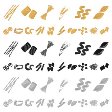 Set koleksiyonu tasarım için makarna karikatür simgeleri türleri. Vektör simge stok web illüstrasyon yemek için makarna düşündüm.