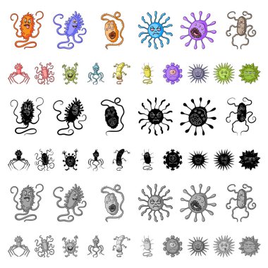 Komik mikrop türleri set koleksiyonu tasarım için simgeleri karikatür. Patojenik mikroplar sembol stok web illüstrasyon vektör.