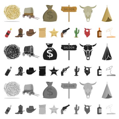 Vahşi Batı karikatür simgeleri tasarım için küme toplama öznitelikleri. Texas ve Amerika sembol stok web illüstrasyon vektör.